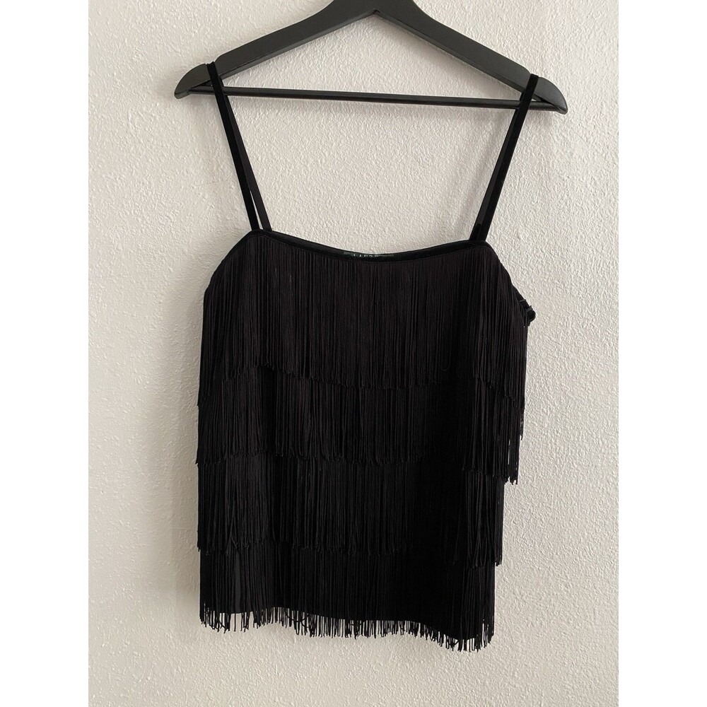 Ralph Lauren Women’s Black Tiered Fringe Tank Top Blouse Sz 10 Glam Luxury H41